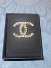 CHANEL Authentic Medium Crystal & Pearl CC Logo Brooch Pin Gold Tone with Box