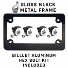 Black Metal License Plate Frame & Hex Tag Bolt Kit - SKULL FINGER FU WHITE BLK