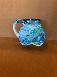 Butt Mug Coffee Funny cup Blue Drip Art Pottery Ceramic Glazed  Handmade e2