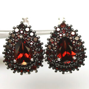 Unheated Deep Red Garnet Earrings 925 Sterling Silver White Gold Plated