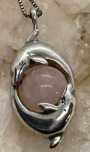Vintage 2 Dolphins with Rose Quartz Sterling 925 Silver Pendant 18'' Necklace 8g