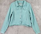 Overland Jean Jacket Womens Large Aqua Linen Blend Casual Cropped Button Up
