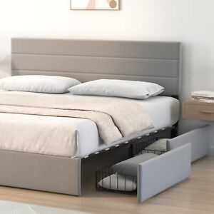 Upholstered King Size Bed Frame with Headboard,4 Storage Drawers and Adjustab...