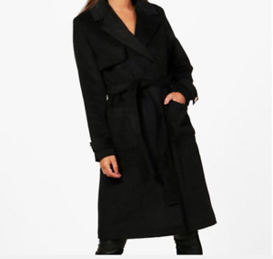 BOOHOO Petite Erin Military Style Wool Look Trench SIZE 1 BLACK $ 96.00