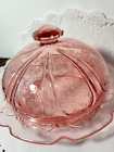 Vtg Jeanette Glass  Pink Depression Lidded Round Butter Dish Cherry Blossom