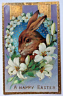 New ListingEaster Greetings Antique Postcard Rabbit Lilies Flowers Gold Gilt Embossed c1910