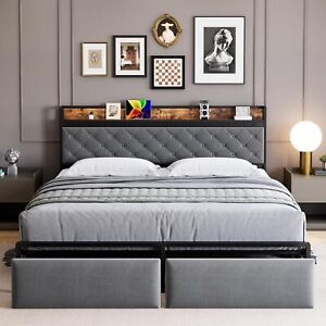 Bed Frame Full Queen Size Bed Platform with LED Upholstered Headboard 2 Drawers