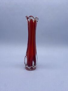 Elegant Vintage Red Art Glass Swung Vase 6 Finger Bud Vase Murano style 8” Tall