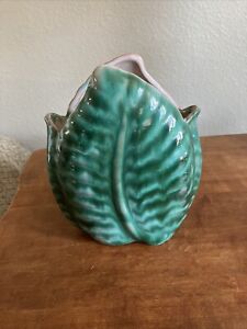 Stangl  Pottery Terra Rose Vase 6 3/4”Drip Glaze Green W/ Blue & Rose Beige MCM