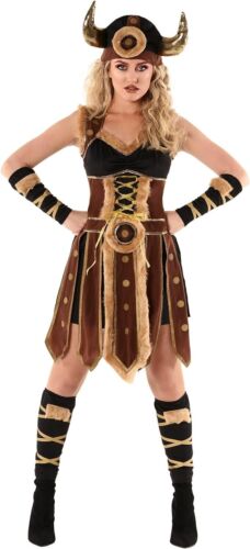 Women`s Viking Costume Shield Maiden Nordic Warrior Dress + Helmet Halloween