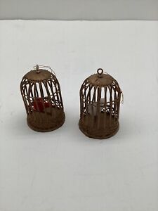 Pair of Vintage Gold Bird Cage with Red and White Flocked Bird Doubl Glo