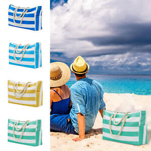 Women Canvas Summer Tote Bags Striped Large Beach Bags with Zipper Pockets