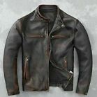 Men Motorcycle Biker Vintage Cafe Racer Distressed DK Brown Real Leather Jacket