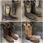 MEN'S RODEO COWBOY BOOTS GENUINE LEATHER WESTERN SQUARE TOE BOOTS BROWN BOTAS