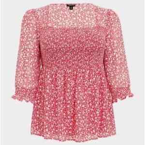 New Torrid Babydoll Chiffon Smocked Peplum Ditsy Floral Pink Blouse Top Size 2X