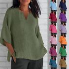 Women Cotton Linen V Neck T-Shirt Ladies 3/4 SleeveCasual Baggy Tunic Top Blouse