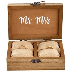 Wood Wedding Ring Box with Burlap Pillow Lining (6 x 4 x 2 In)