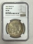 1921 PEACE DOLLAR - HIGH RELIEF NGC AU-58, WHITE