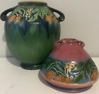 Lot of 2 Roseville Pottery Green & Pink Baneda Vases