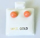 Solid 14K Yellow Gold Genuine Pink Coral Round 5.5 - 6 mm Ball Stud Earrings NEW