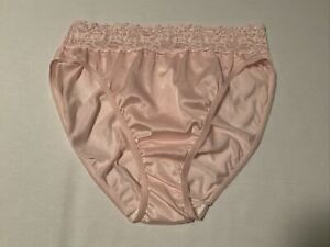 Vintage Union Made Silky Pink Nylon Hi Cut Panties Wide Lace  Size 9 / XL  USA