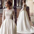 Exquisite Long Sleeve Wedding Dresses Boat Neck Appliques Lace Satin Bridal Gown