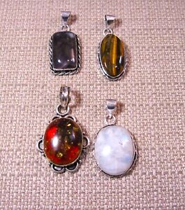 Assortment of 4 Silver Pendants Amber Amethyst Moonstone & Tiger Eye Lot 139