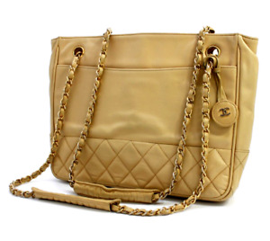 CHANEL Matelasse Shoulder Bag Handbag Purse Coco Leather Beige Vintage Authentic