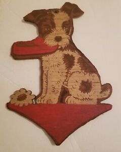 Mertens Kunst Wood Carved Wall Hanging Cute Dog Puppy Red Slipper Germany