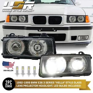x4 H1 LED Bulbs + Euro GLASS Ellipsoid Projector M3 Headlight For 92-99 BMW E36 (For: BMW)