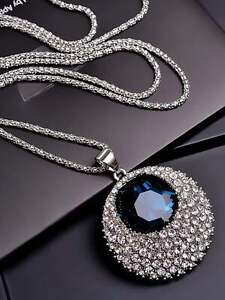 Rhinestone Blue Decor Round Pendant Long Necklace for Women Jewelry for Women