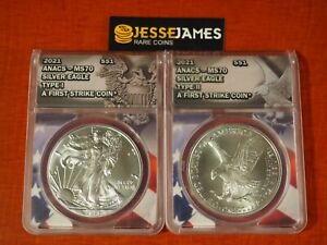 2021 $1 SILVER EAGLE ANACS MS70 FIRST STRIKE 2 COIN SET BOTH TYPE 1 & TYPE 2