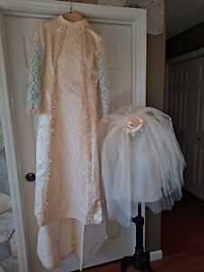 Vintage 1960s 1970s Wedding Dress Ivory Slipper Satin Lace Train 8 layer Veil