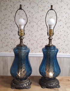 1972 Vintage Mid Century Glass Blue OpticTable Lamp Pair 3-Way Hollywood Regency