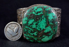 Vintage Navajo Bracelet - Coin Silver and Turquoise Wide Cuff - 4.4oz