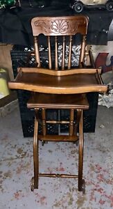 1900’s Antique Oak High Chair And Stroller/rocker