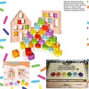 Woodtoe Wooden Building Blocks Set for Kids 24PCS Rainbow Acrylic Gem Cubes STEM