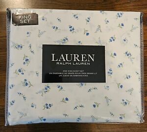 Ralph Lauren KING 4pc Sheet Set Dainty Blue Floral Farmhouse Cottage Cotton NEW
