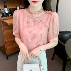 Elegant Summer Korean Ladies Ruffle Beads Chiffon Puff Sleeve Top Blouse T-shirt