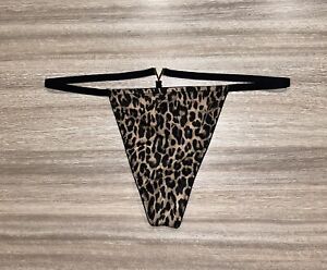 New Victoria Secret XL Thong V String Gold Logo Stretchy Shiny Satin Cheetah