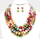 Pink Red Green Blue Chunky Bead Pearl Long Multi Layered Strand Necklace Set