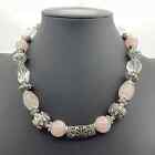 PINK Rose Quartz Crystal & Silver Tone Beads Chunky Statement Necklace 16”