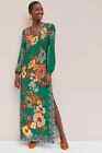 💚 FARM RIO Anthropologie Green Floral Scarf Print Verdor Slit Maxi Dress LARGE