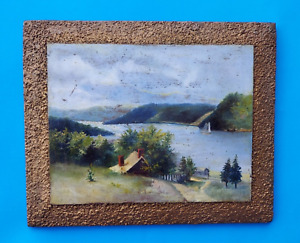 Antique Oil Painting on Carved Wood Panel Landscape