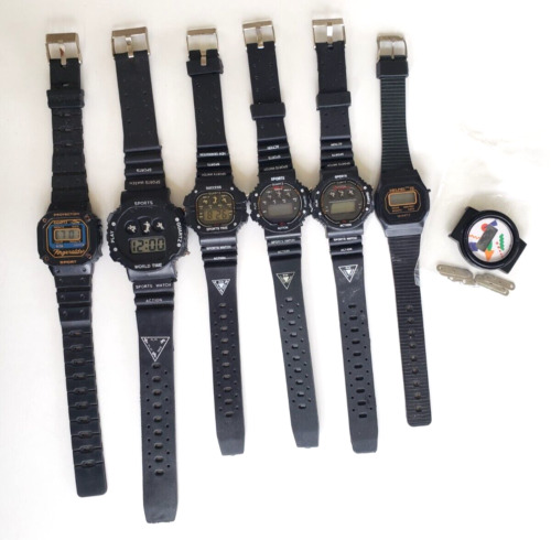 7 Assorted LCD Digital Watch Lot Black Plastic Vintage Parts Repair Some Running