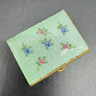 Vintage Guilloche Floral Enamel Brass Pill Box Aqua Mint Hand Painted 1.5