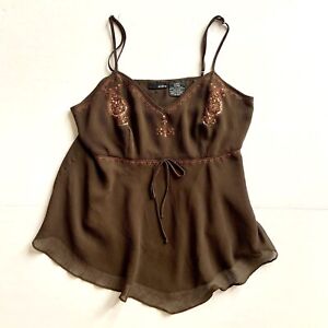 Y2k Brown Tank Top Large Babydoll Sequin Embroidered Bow Sheer Handkerchief Boho
