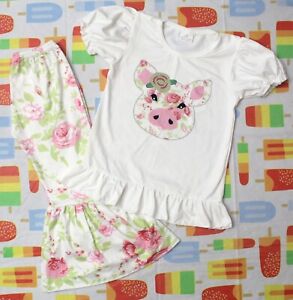 Boutique *NEW* Toddler Girl L 4T Gorgeous White & Pink Soft Roses Cow Outfit