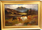 LARGE 19th CENTURY HIGHLAND CATTLE MISTY SCOTTISH LANDSCAPE Antique Oil Painting