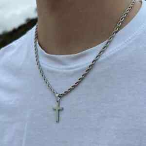 Men Stainless Steel Cross Pendant Necklace Hip Hop Simple Chain Silvery Gift New